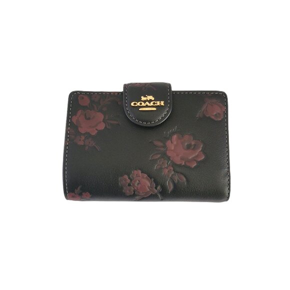 Coach CCR20 Medium Corner Zip Floral Print Bifold Wallet Pebbled Leather Wine - Picture 1 of 7